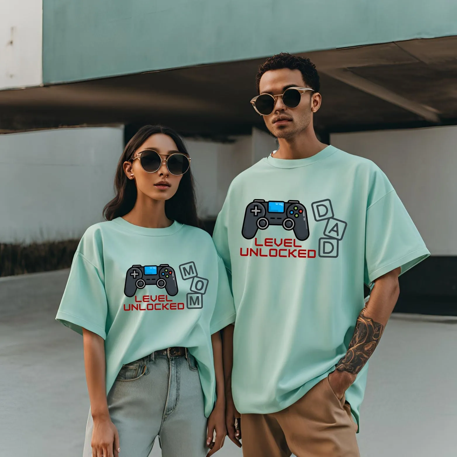 Mom and Dad Level Unlocked Oversized Pregnancy Terry T-Shirts