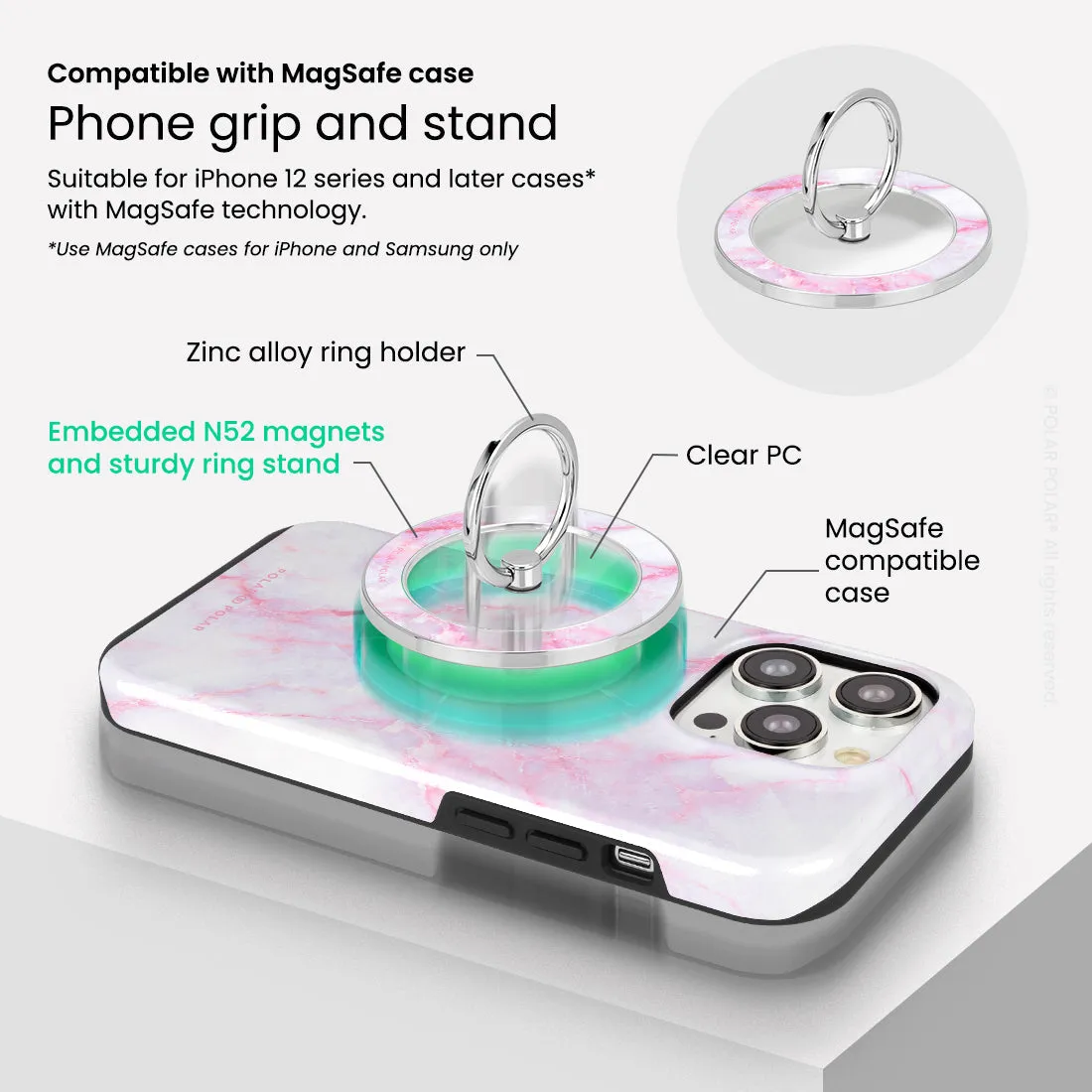 Pink White - Silver MagSafe Phone Grip and Ring Holder Stand